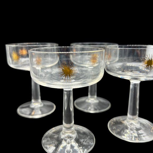 Vintage MCM Atomic Starburst Gold Champagne Drinking Glasses Set of 4